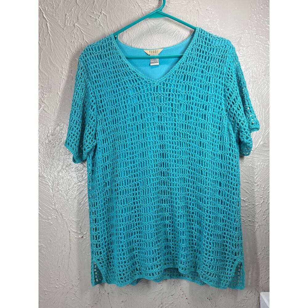 Teddi Womens Short Sleeve Lined Crochet‎ Overlay Mesh V Neck Top Size Large